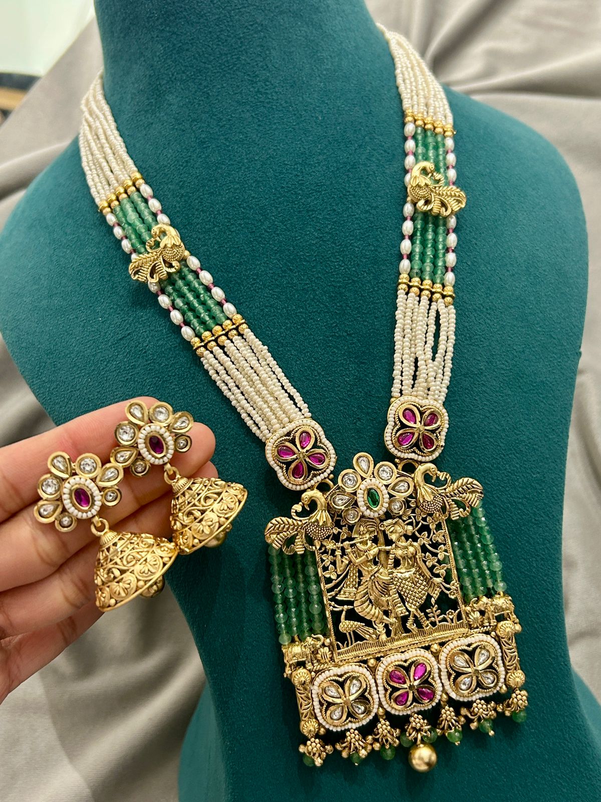 Radha Krishna Temple Necklace Set with Jhumkas